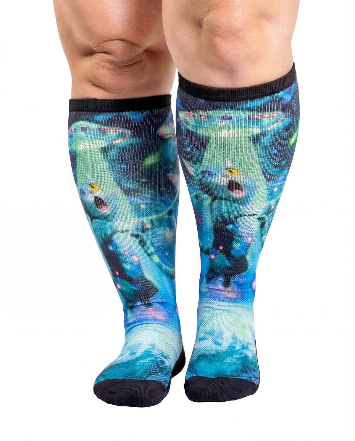 Gooi Cat UFO extra wide socks, funny cat abducted by UFO print, knee-high on wide calves