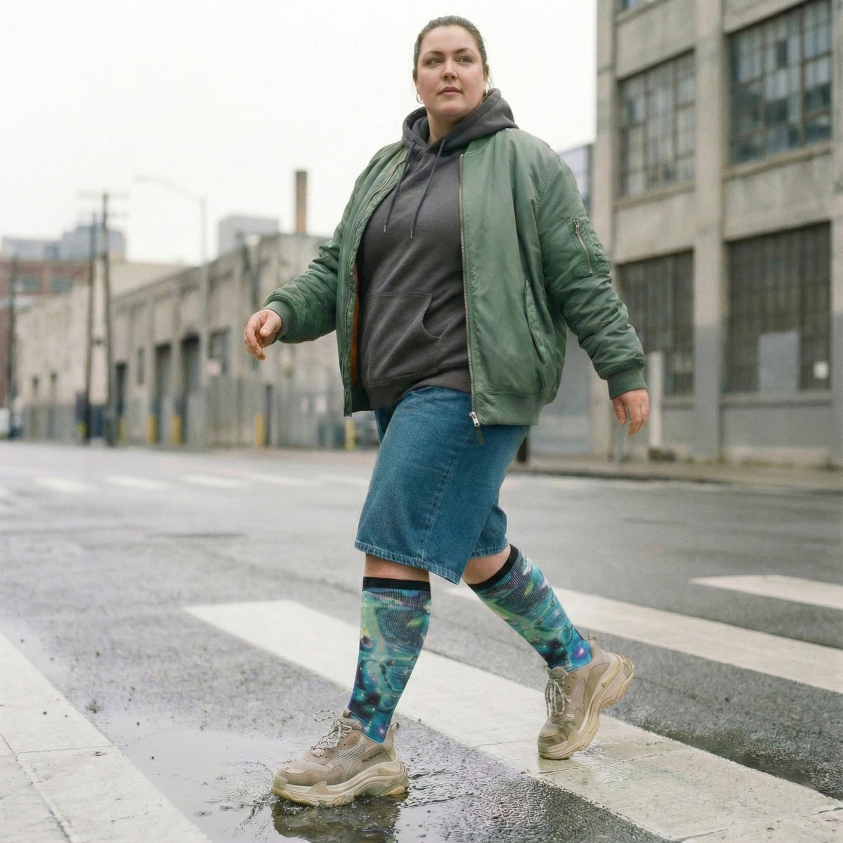 Woman walking across a city street in Gooi Cat UFO extra wide knee-high socks