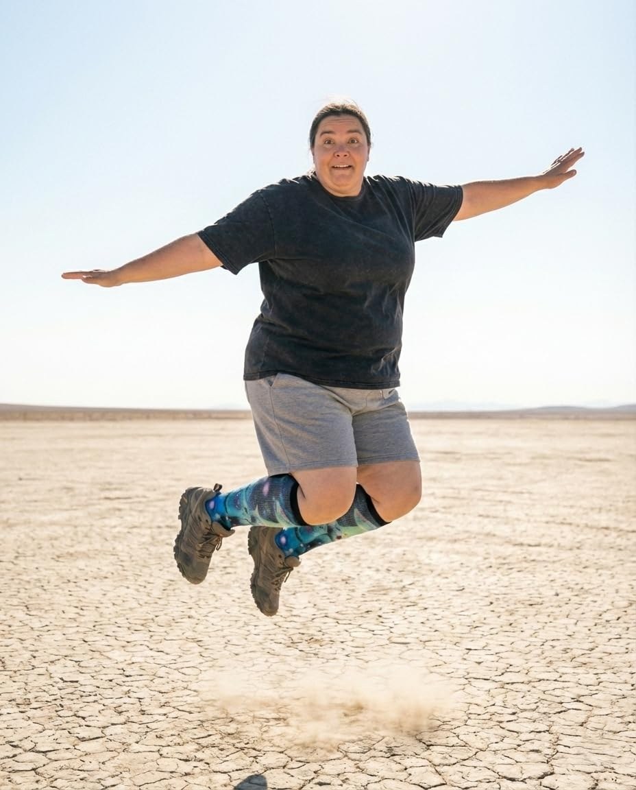 Person jumping in the desert wearing Gooi Cat UFO extra wide socks that stay up