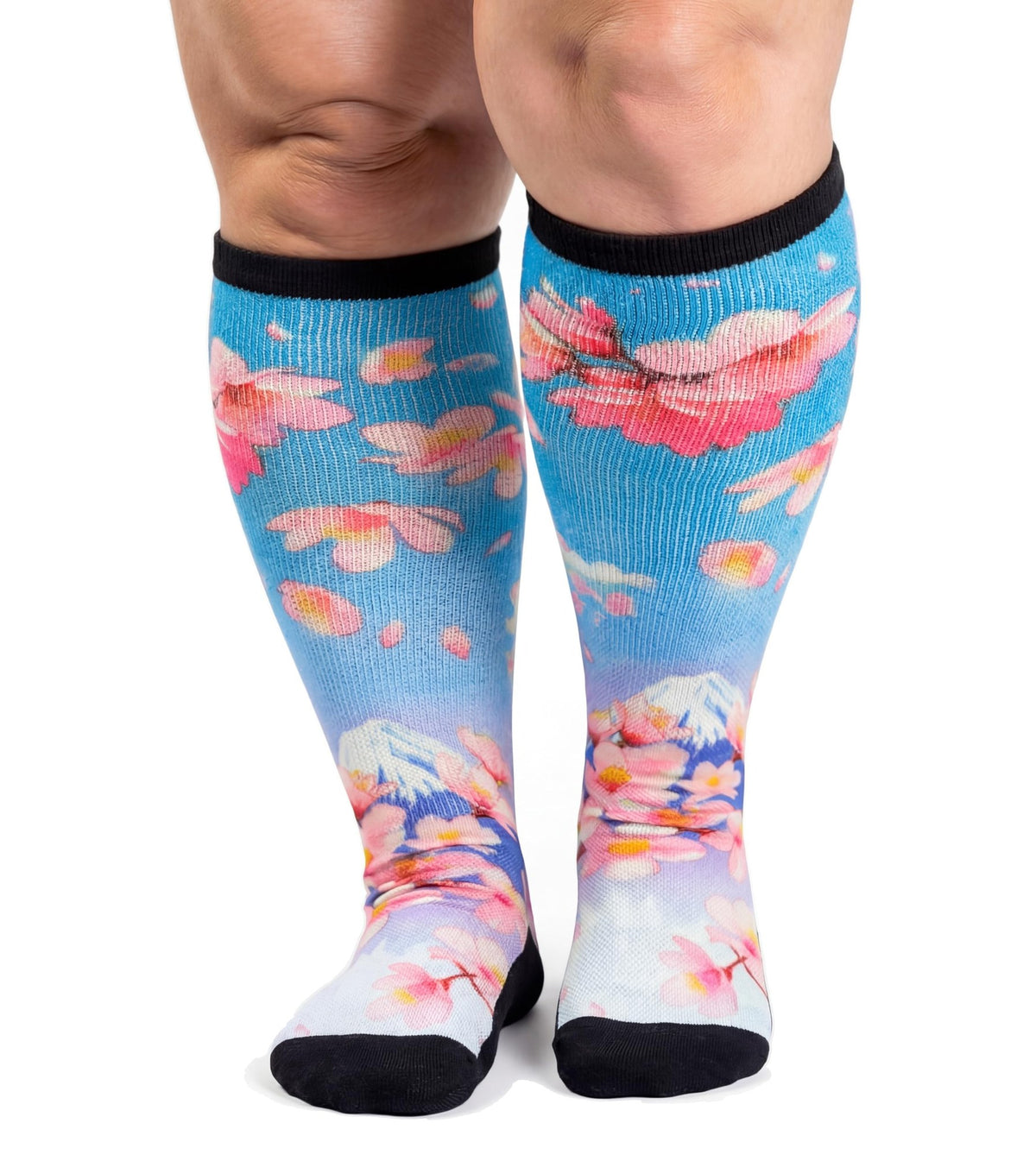 Gooi Cherry Blossom extra wide socks, sakura and Mt Fuji print, knee-high on wide calves