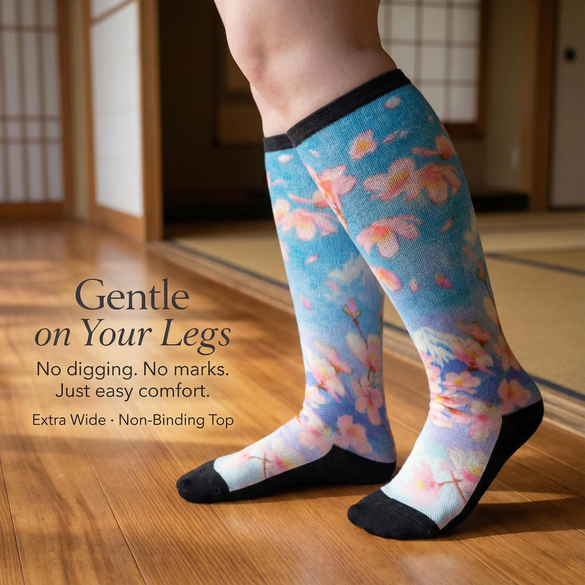 Gooi Cherry Blossom extra wide non-binding socks on a wood floor, no digging, no marks