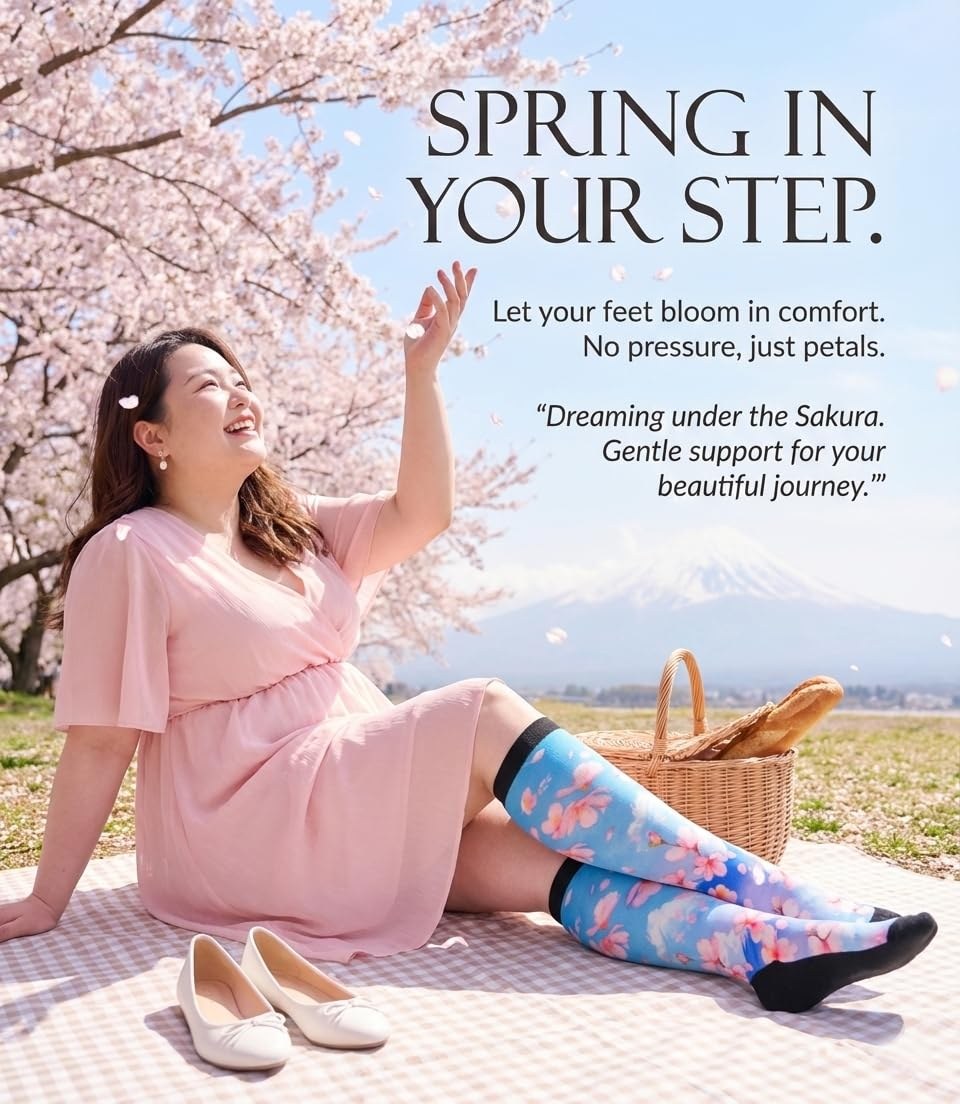 Woman picnicking under cherry blossoms in Gooi Cherry Blossom extra wide socks
