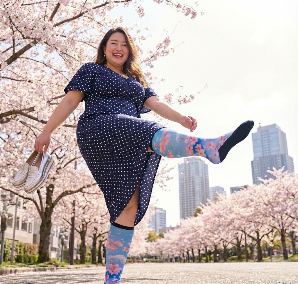 Woman kicking under cherry blossom trees in Gooi Cherry Blossom extra wide knee-high socks