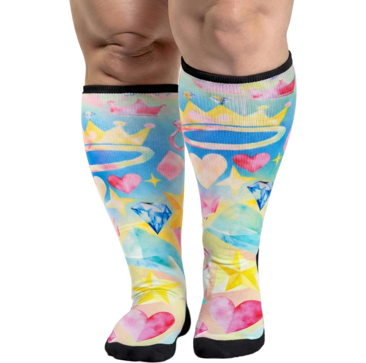 Gooi Crown Heart extra wide socks, pastel crown and heart print, knee-high on wide calves
