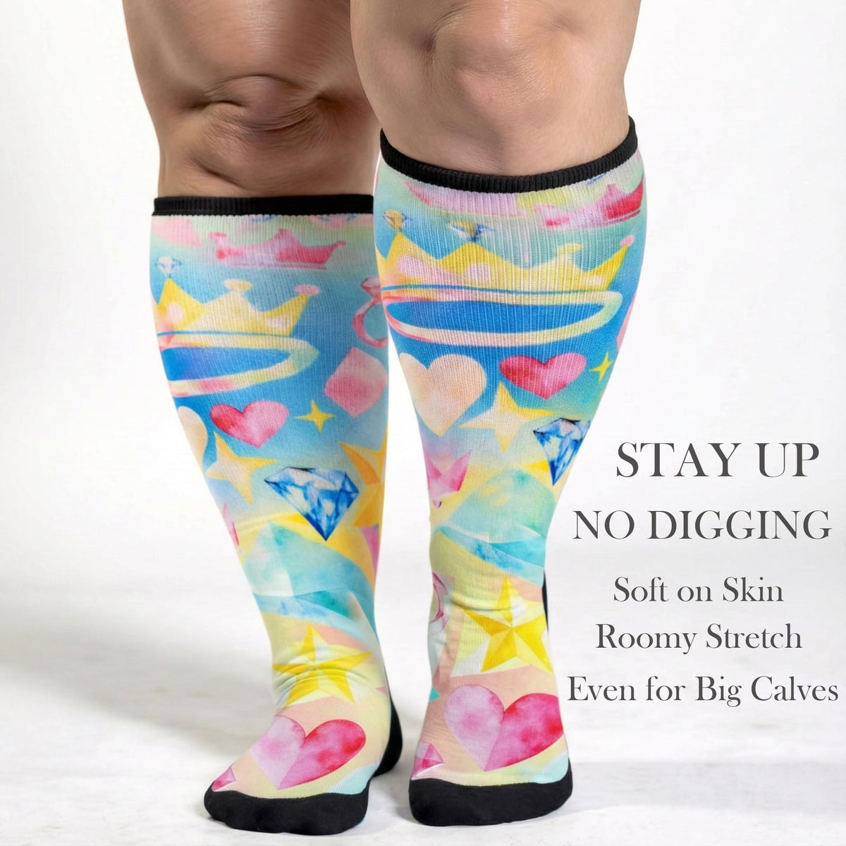 Gooi Crown Heart extra wide socks staying up on big calves, non-binding, soft on skin