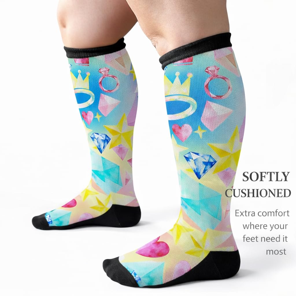 Back view of Gooi Crown Heart extra wide socks showing the cushioned sole and wide calf fit
