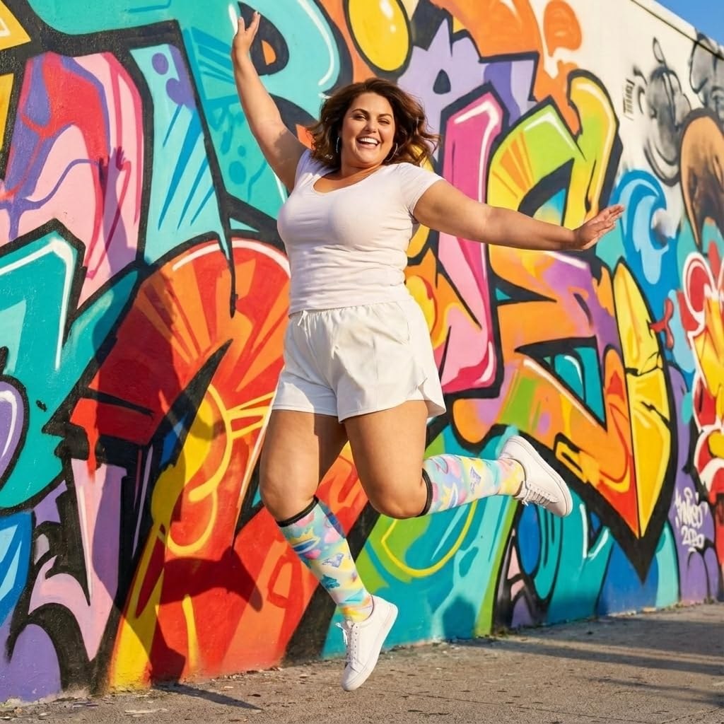 Woman jumping in front of a graffiti wall in Gooi Crown Heart extra wide socks