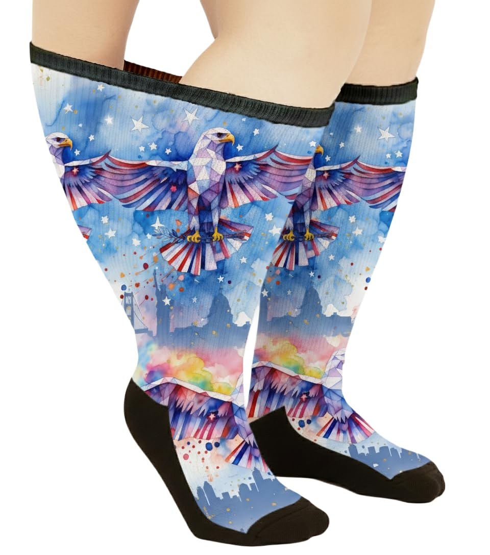 Gooi Eagle Freedom extra wide socks, patriotic eagle and stars print, knee-high on wide calves