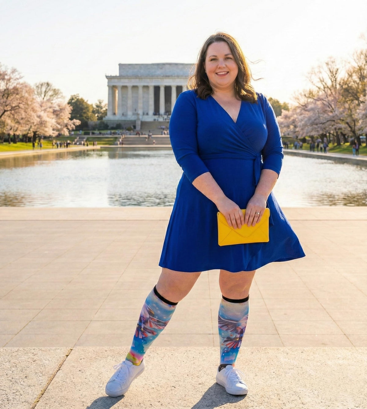 Woman at the Lincoln Memorial reflecting pool in Gooi Eagle Freedom extra wide knee-high socks