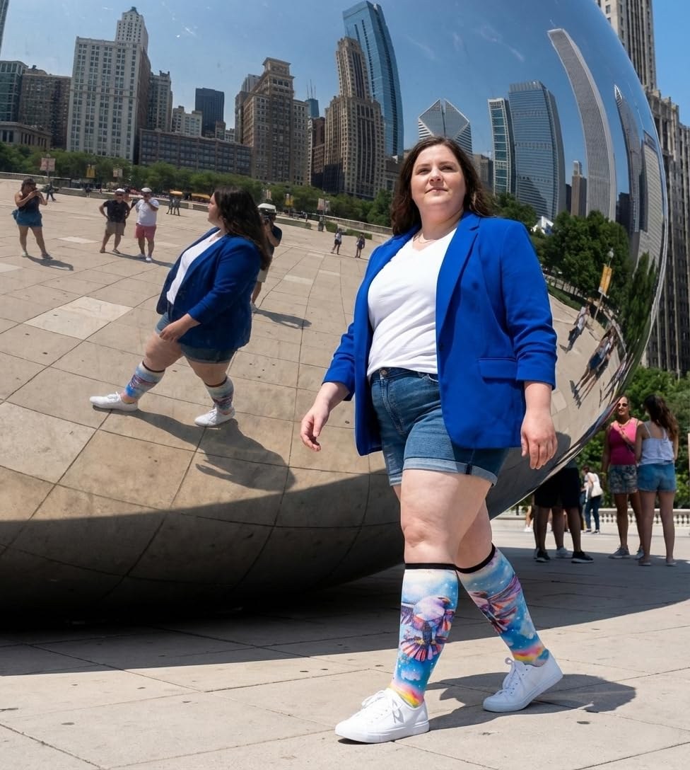 Woman walking by Chicago's Cloud Gate in Gooi Eagle Freedom extra wide socks