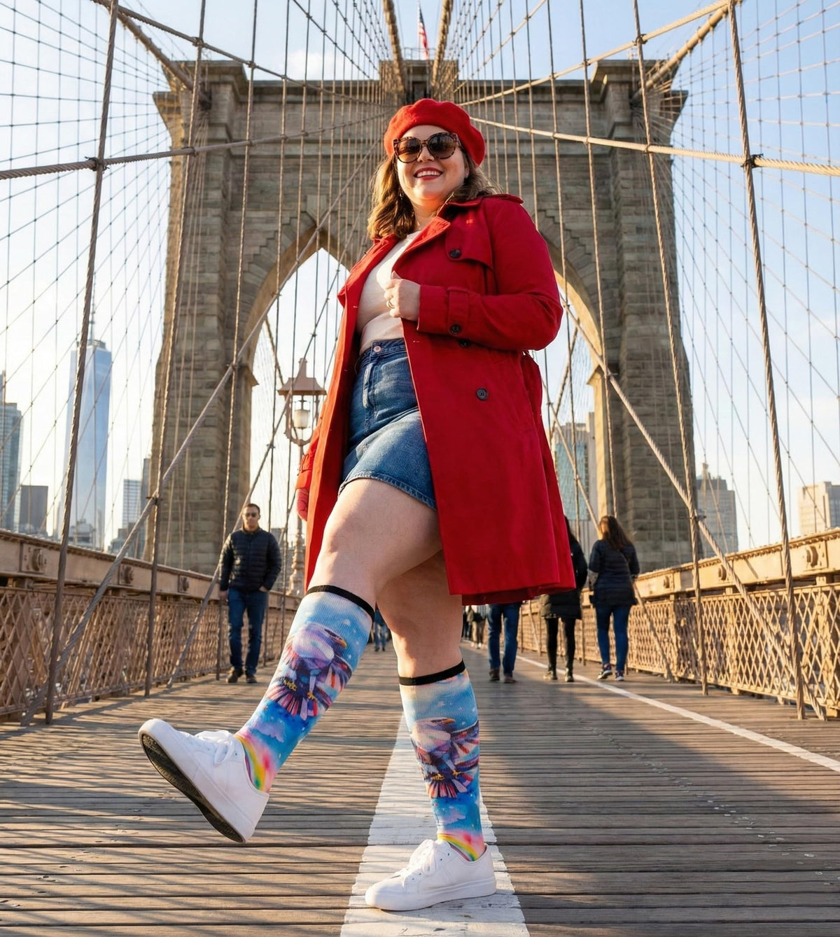 Woman on Brooklyn Bridge in Gooi Eagle Freedom extra wide socks, roomy non-binding knee-high fit