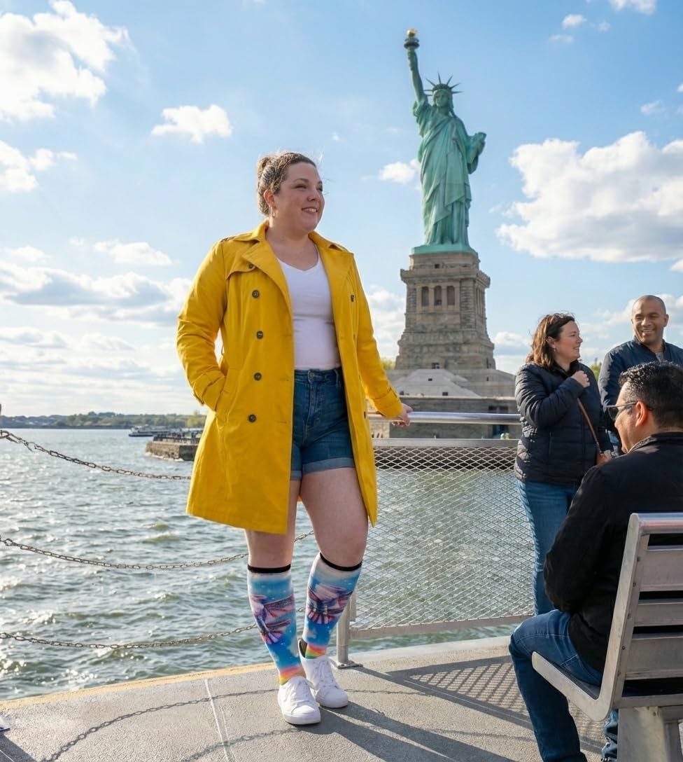 Woman near the Statue of Liberty wearing Gooi Eagle Freedom extra wide knee-high socks