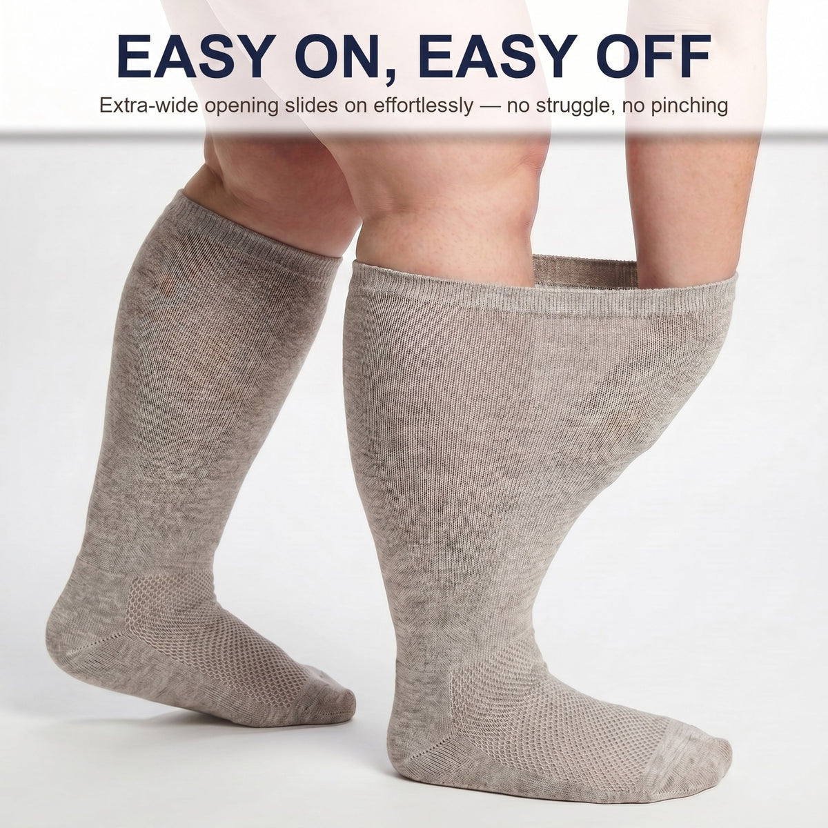 Gooi gray extra wide socks slide on easily over swollen legs, no struggle, no pinching