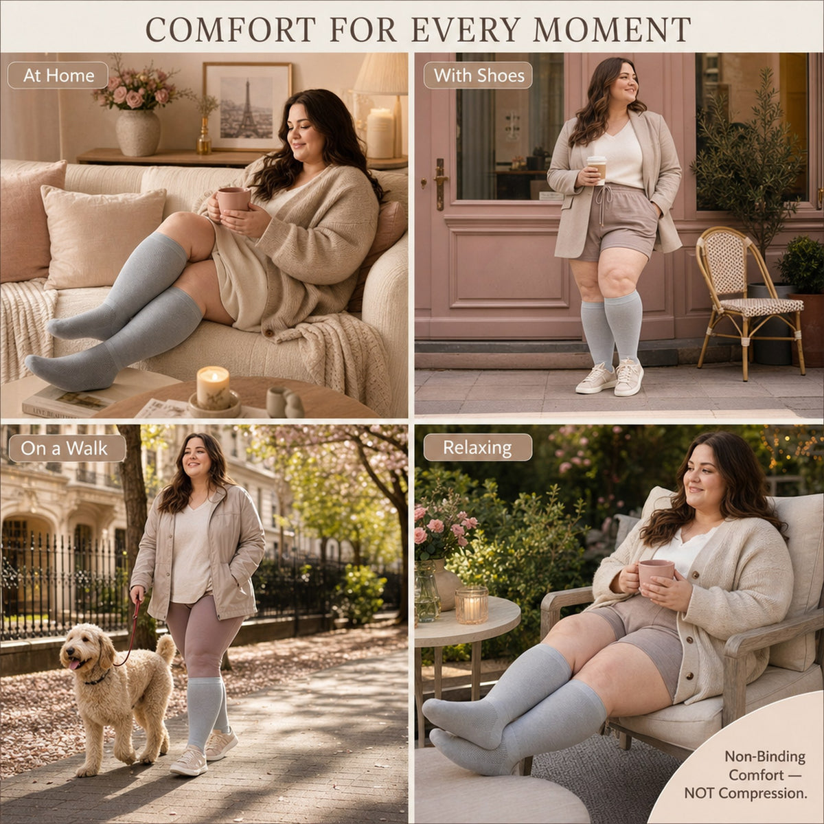 Woman wearing Gooi gray extra wide knee-high socks at home, with shoes, on a walk and relaxing
