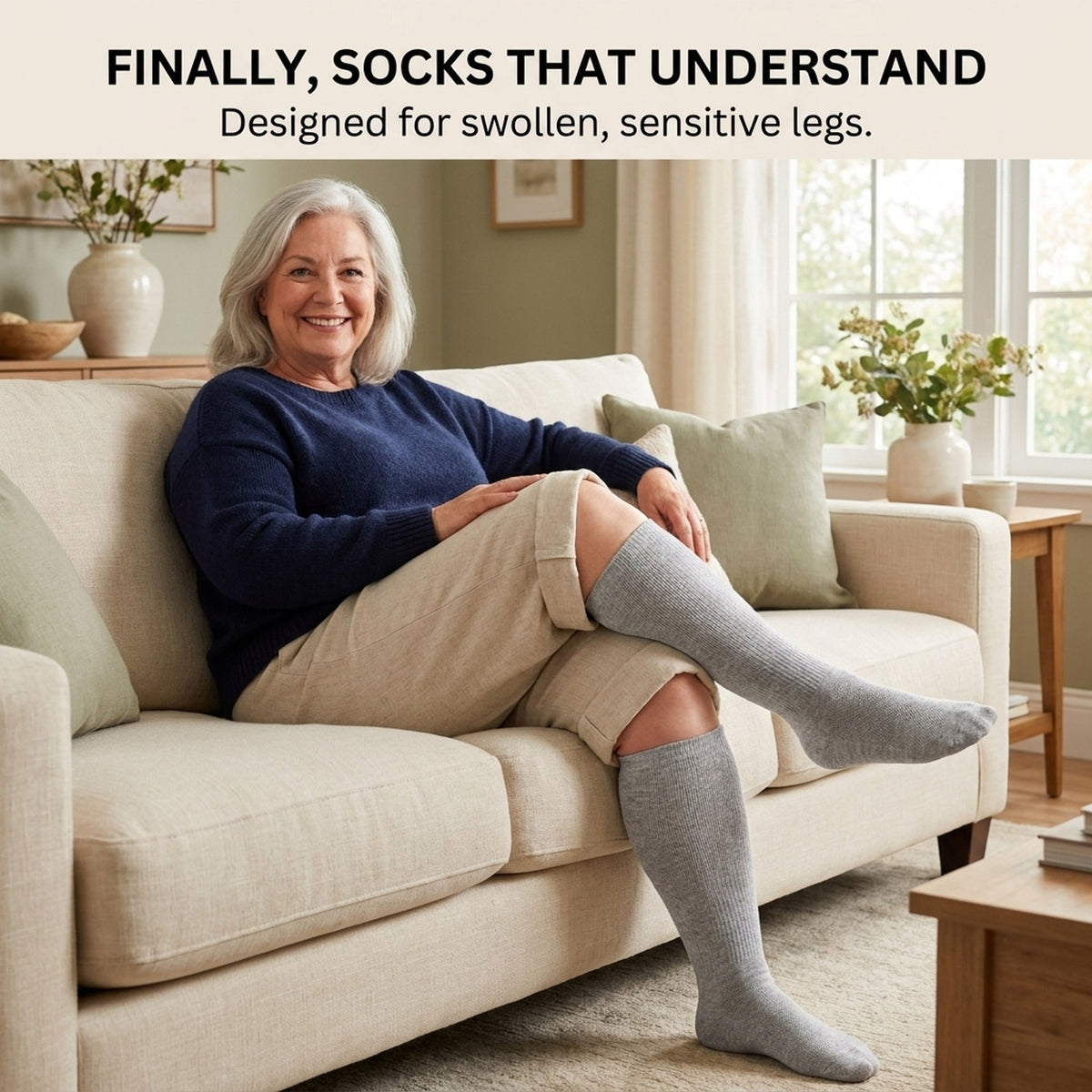 Woman on a sofa wearing Gooi gray extra wide socks designed for swollen, sensitive legs