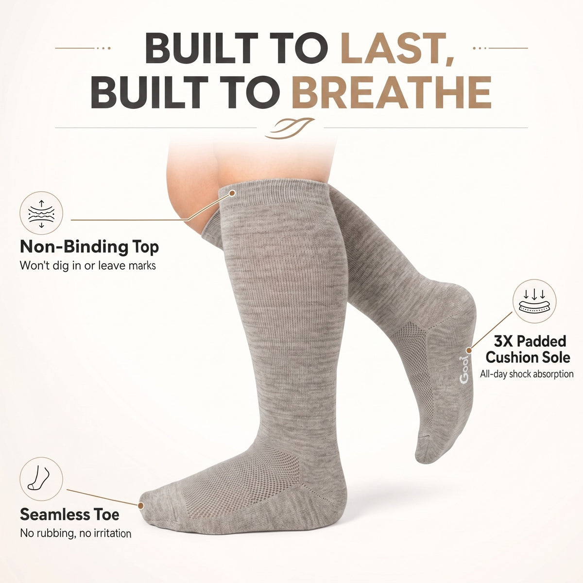 Gooi gray sock details: non-binding top, 3X padded cushion sole, seamless toe