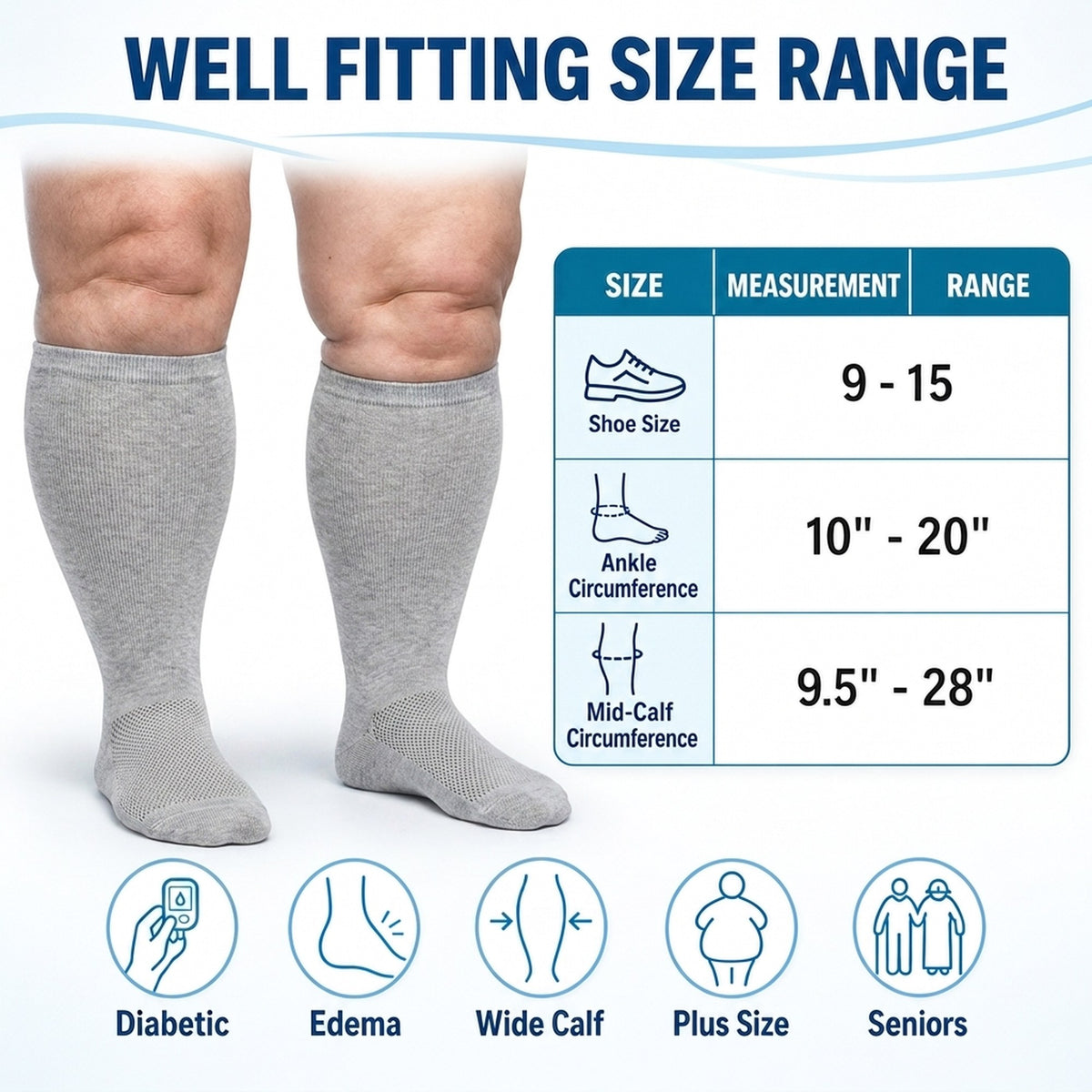 Gooi gray sock size chart: US shoe size 9-15, ankle 10-20 inches, mid-calf 9.5-28 inches