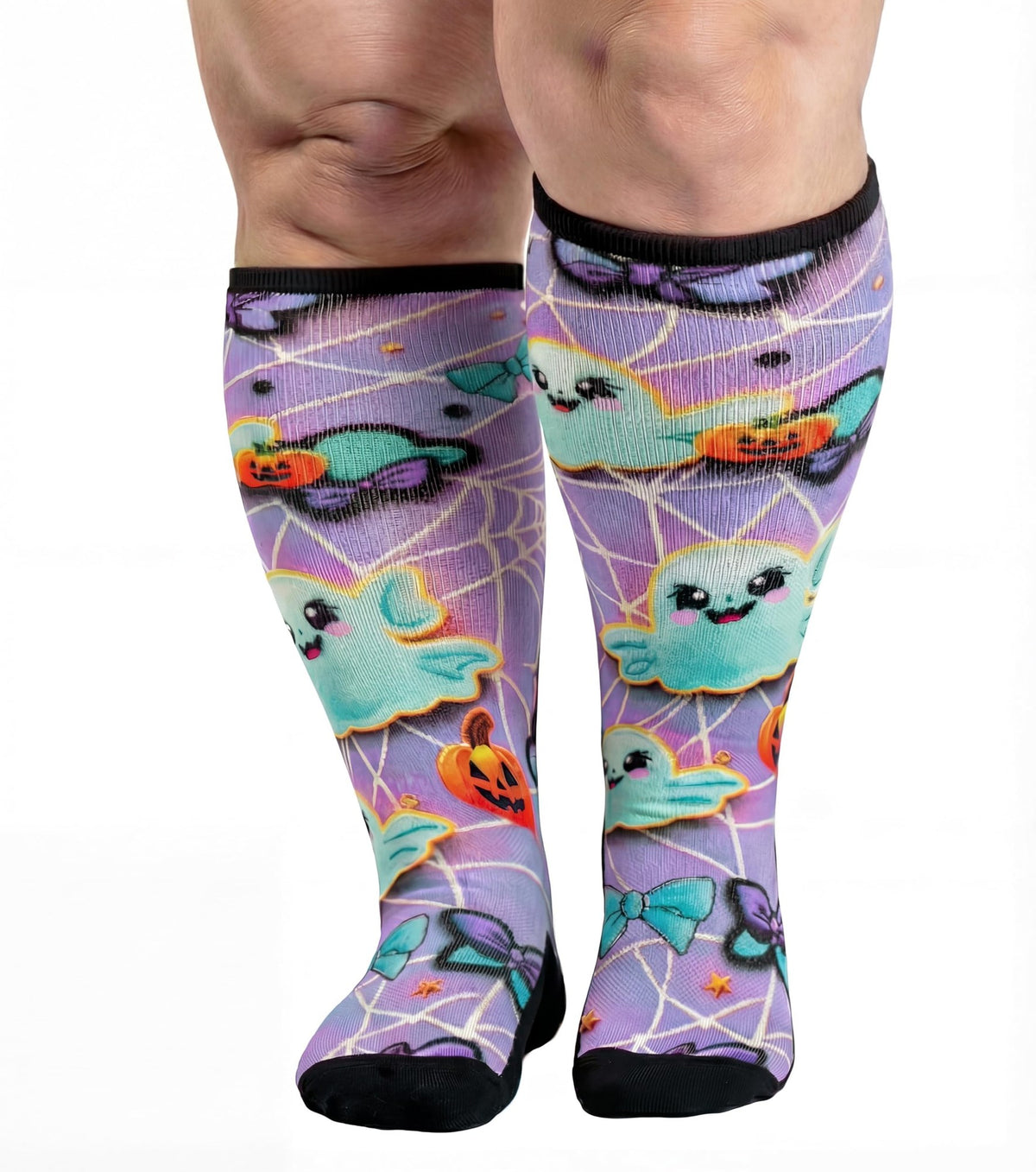 Gooi Halloween extra wide socks, purple ghost, pumpkin and spider web print, knee-high on wide calves