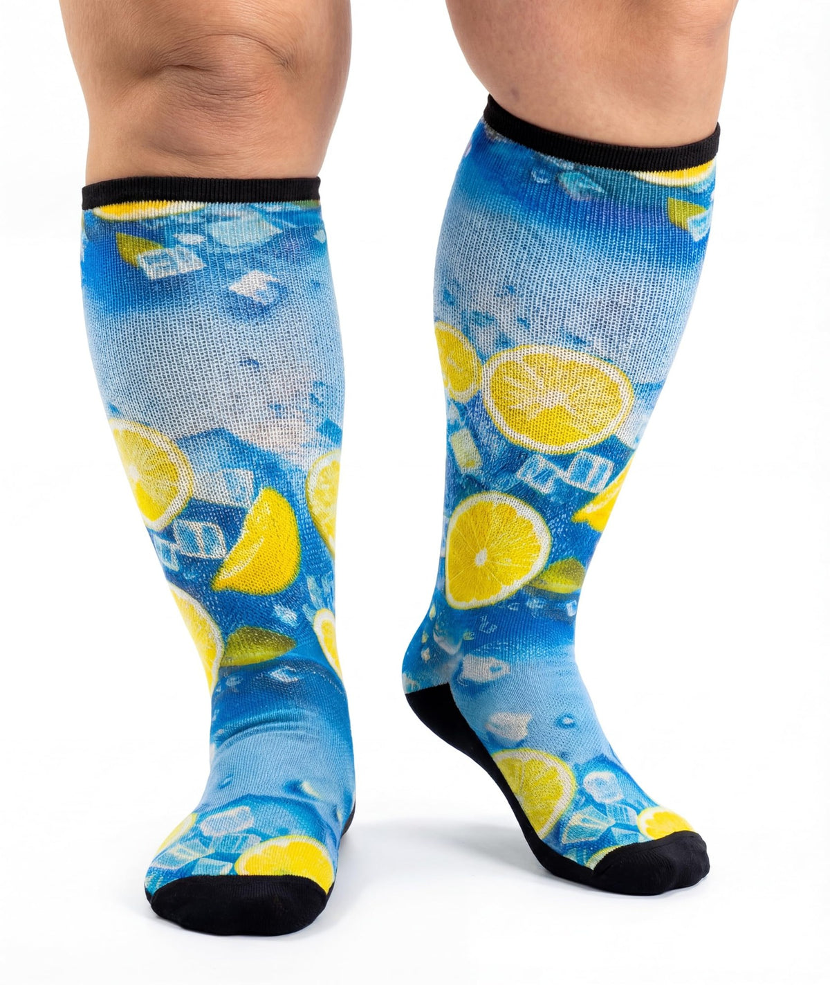 Gooi Lemon Ice extra wide socks, knee-high, non-binding top, lemon and ice print on wide calves