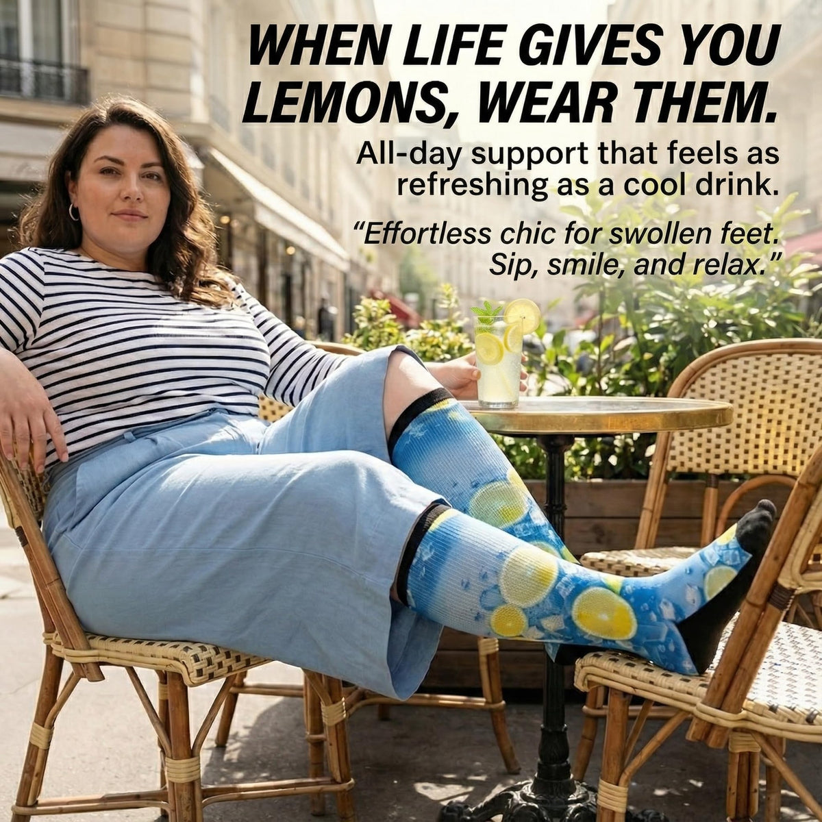 Woman relaxing at a cafe in Gooi Lemon Ice extra wide socks, roomy non-binding fit for swollen feet