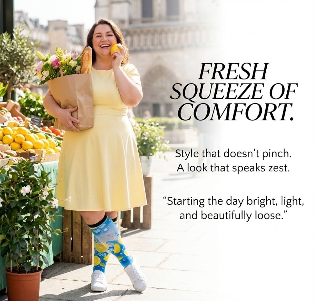 Smiling woman in a yellow dress wearing Gooi Lemon Ice extra wide knee-high socks at a lemon market