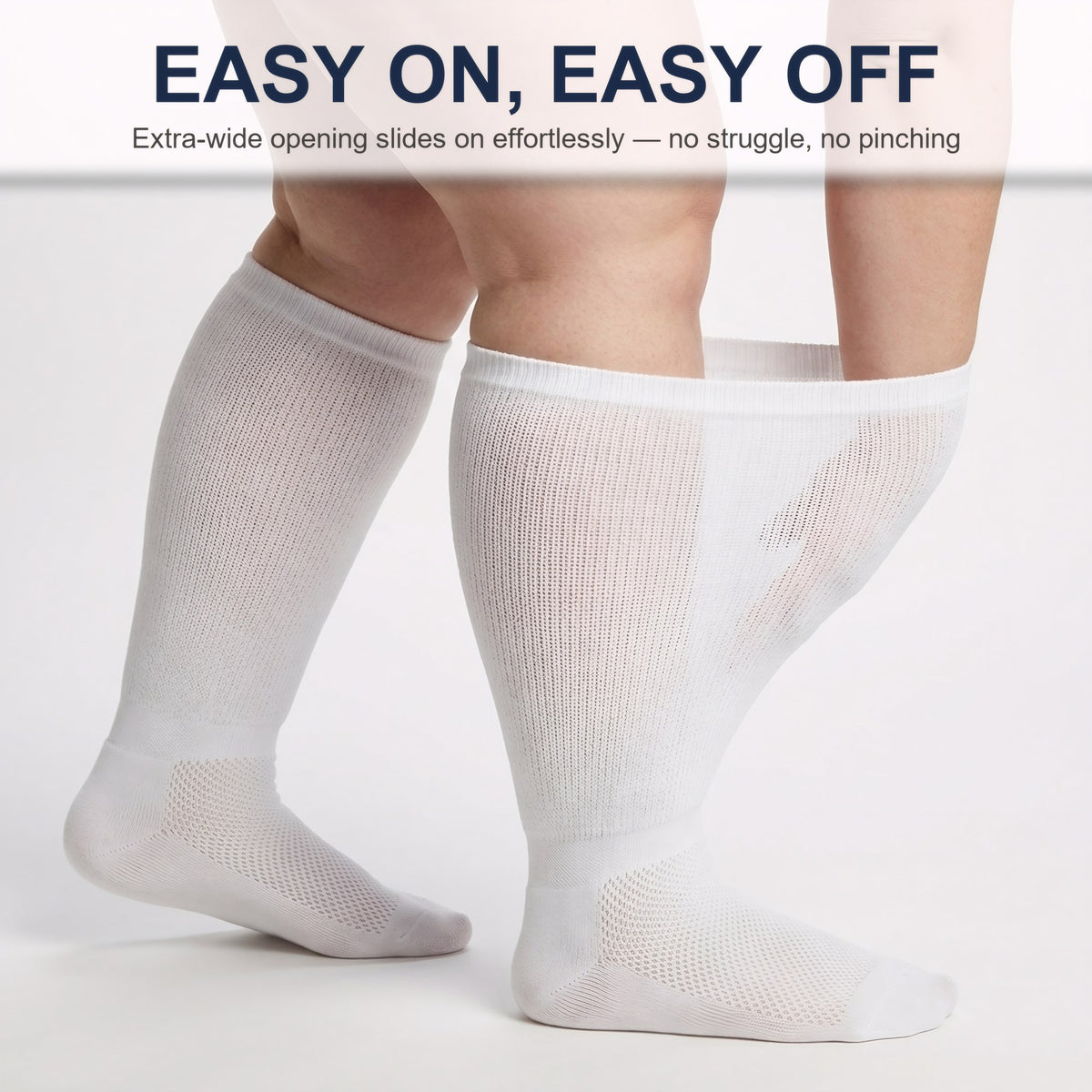 Gooi white extra wide socks slide on easily over swollen legs, no struggle, no pinching