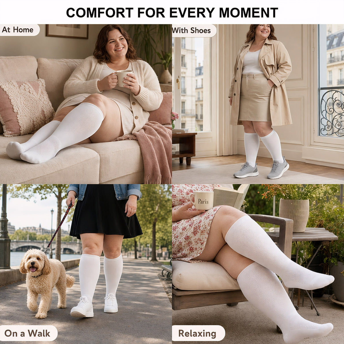 Woman wearing Gooi white extra wide knee-high socks at home, with shoes, on a walk and relaxing