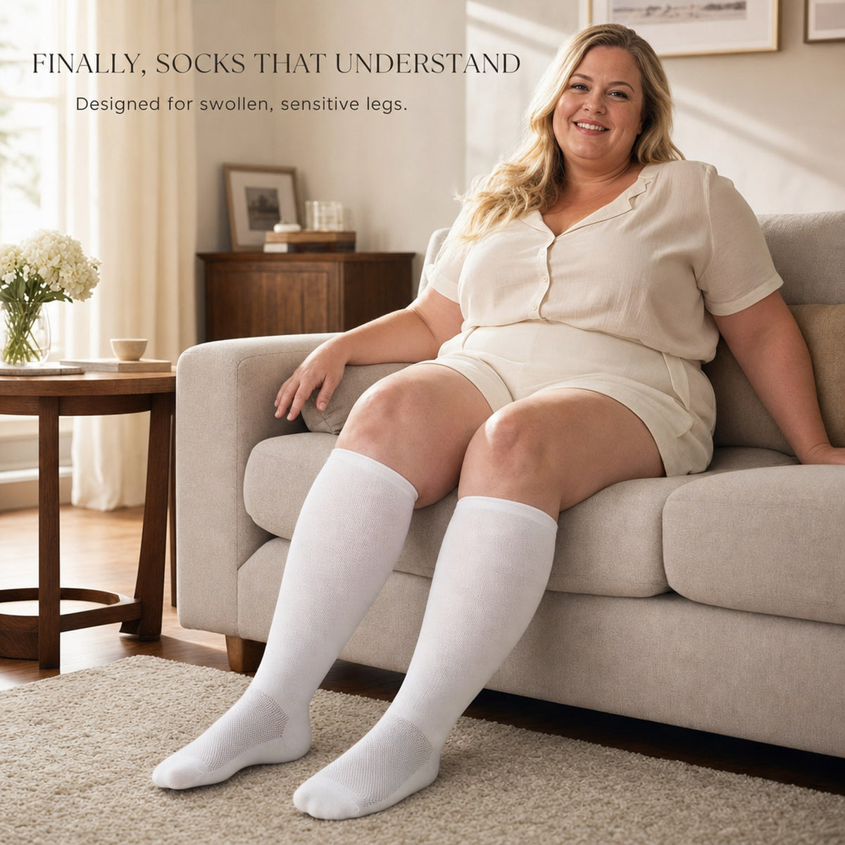Plus-size woman on a sofa wearing Gooi white extra wide socks designed for swollen, sensitive legs
