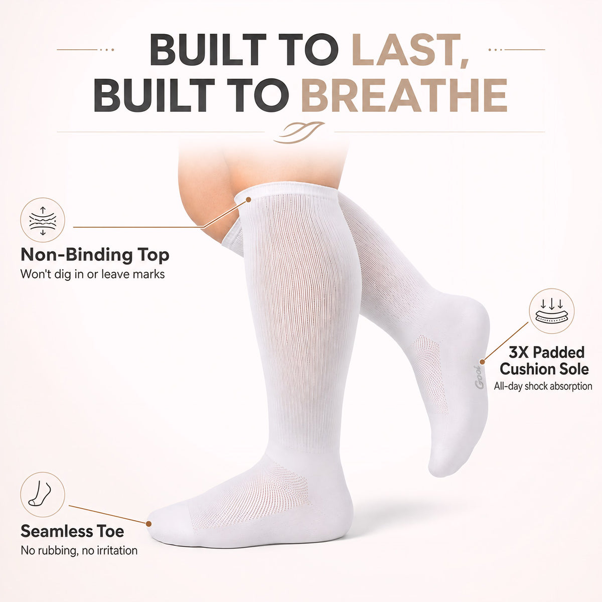Gooi white sock details: non-binding top, 3X padded cushion sole, seamless toe