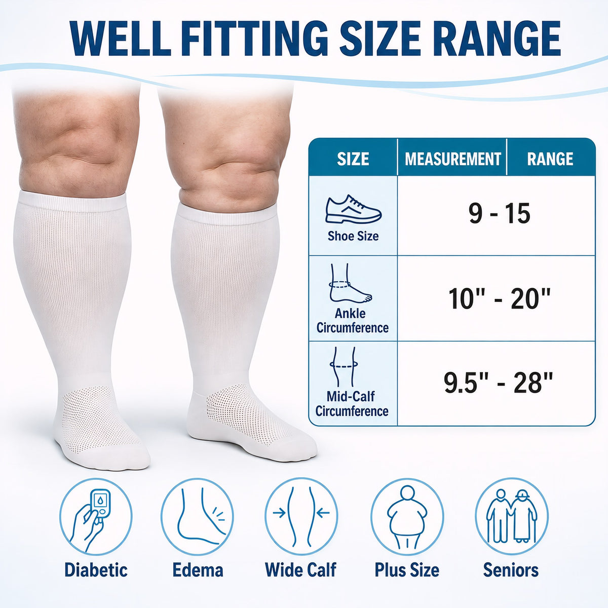 Gooi sock size chart: US shoe size 9-15, ankle 10-20 inches, mid-calf 9.5-28 inches