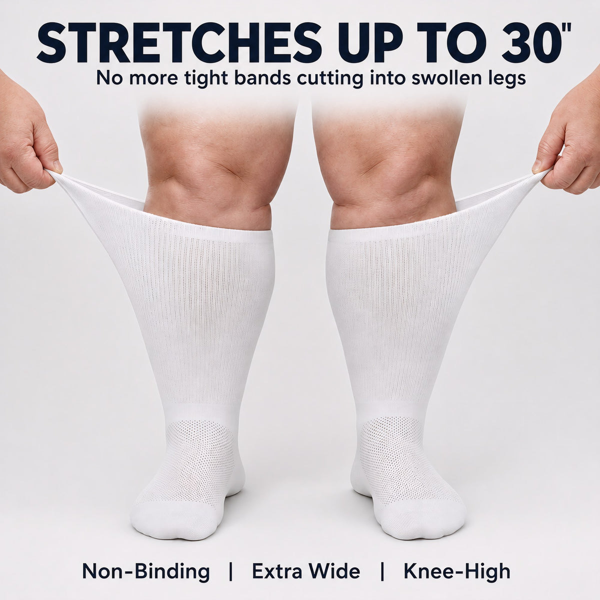 Gooi white extra wide socks: cuff stretches up to 30 inches, non-binding, extra wide, knee-high